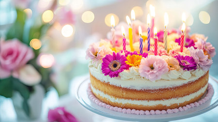 A beautiful cake adorned with vibrant flowers and candles, perfect for birthday celebrations. The soft layers and pastel colors create a cheerful atmosphere for any festive event.の素材