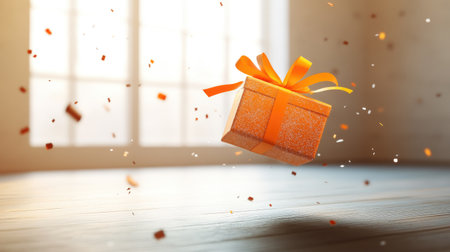A vibrant orange gift box with a ribbon floats in a beautifully lit room, surrounded by colorful confetti, evoking feelings of joy and celebration.の素材