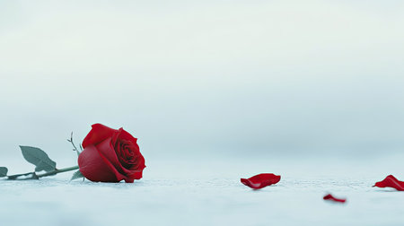 A stunning red rose lies gracefully on a soft surface, with scattered petals nearby. The serene background enhances the beauty, symbolizing love and elegance.の素材