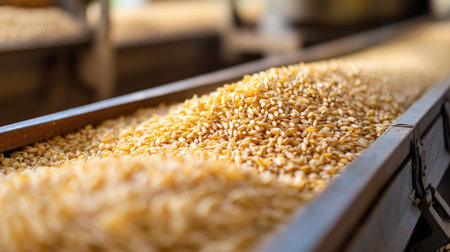 A detailed close-up view of grains flowing on a conveyor belt highlights the agricultural process. This image showcases the texture and quality of farm produce.の素材
