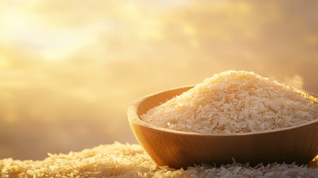 A close-up view of a wooden bowl filled with white rice, illuminated by a soft golden light, creating a warm and inviting atmosphere perfect for food photography.の素材