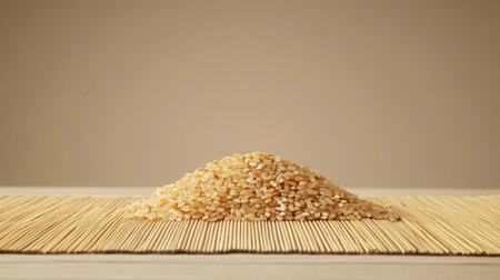 A close-up view of a mound of raw brown rice sitting on a bamboo mat. The neutral background highlights the organic texture and warmth of the grains, perfect for healthy cooking.の素材