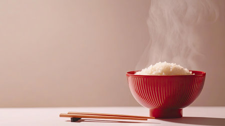 A steaming bowl of white rice sits elegantly in a red bowl, accompanied by wooden chopsticks on a minimalist table, evoking warmth and comfort.の素材