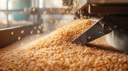 Wheat kernels flow from processing machinery in an agricultural facility, showcasing the efficiency of modern grain production and the importance of sustainable farming practices.の素材