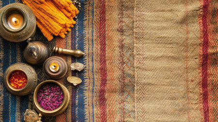 Explore a vibrant collection of spices, herbs, and decorative items arranged on rustic fabric, perfect for cultural celebrations and culinary inspirations.の素材