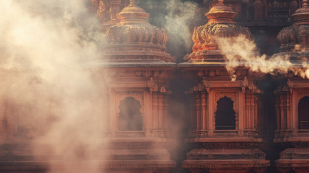 Stunning temple architecture enveloped in ethereal smoke at dusk creates a serene and mystical atmosphere, highlighting religious heritage and artistry.の素材