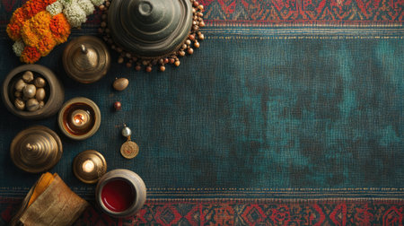 This image features a decorative table arrangement with traditional Indian elements, showcasing colorful flowers, brass bowls, oil lamps, and rich textiles, creating a warm and inviting ambiance.の素材
