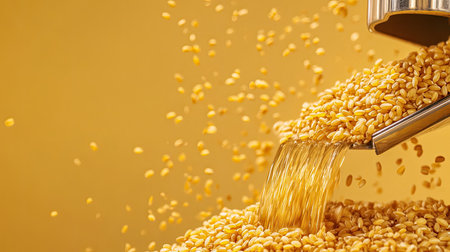 A close-up image of golden grains pouring from a silver machine against a vibrant yellow background. This depicts the process of grain production in agriculture.の素材
