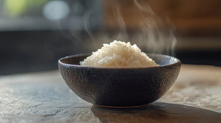 A close-up of steaming white rice in a black bowl, resting on a wooden table. The warmth and freshness of the rice evoke a sense of comfort and simplicity in dining.の素材