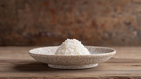 A close-up view of freshly cooked rice heaped on a rustic ceramic plate, showcasing its texture and simplicity on a wooden table background. Perfect for food photography.の素材
