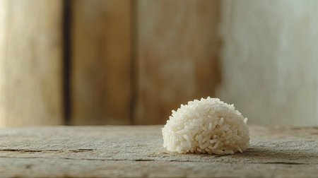 A charming close-up of a single serving of cooked rice sitting on a rustic wooden surface, showcasing a simple yet inviting food scene, perfect for culinary presentations.の素材