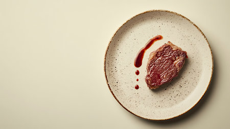 A visually appealing raw beef steak sits on a rustic plate, accompanied by a drizzle of red sauce. This minimalistic display focuses on freshness and culinary elegance.の素材