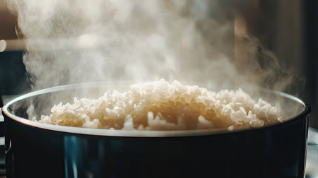 A close-up view of steam rising from a pot of freshly cooked rice on the stovetop. The image captures the warmth and comfort of homemade meals, highlighting the cooking process.の素材