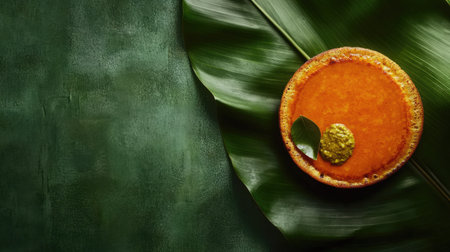 Top view of dosa with sambar and chutney on a banana leaf, clean background, no people, copy spaceの素材