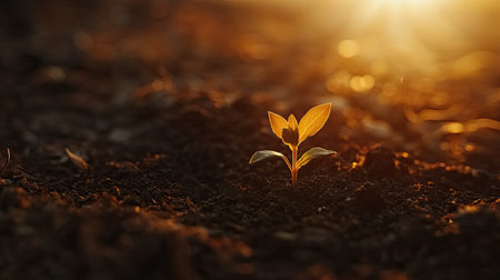 A close-up view of a fresh green seedling breaking through dark soil, captured in warm sunrise light. This image symbolizes new beginnings and the beauty of nature.の素材