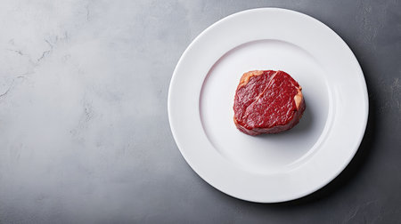A fresh raw beef steak occupies a white plate, showcasing its rich red color. Ideal for cooking or grilling, it represents gourmet dining.の素材