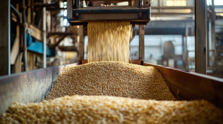 An industrial setting showcasing grain processing with wheat flowing from machinery into a storage area. The image captures the essence of agricultural production and efficiency.の素材