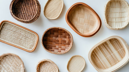 Top view of bamboo baskets and trays clean background, no people copy spaceの素材