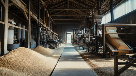 This image depicts an industrial grain storage facility featuring machinery and large heaps of raw materials, emphasizing agricultural production and processing technology.の素材