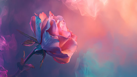 A stunning rose blooms against a vibrant, colorful background, creating a serene and dreamy atmosphere. Perfect for nature and floral themes.の素材