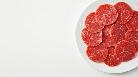 This image features thin slices of fresh, raw beef arranged neatly on a white plate, perfect for culinary uses, such as grilling or stir-frying.の素材