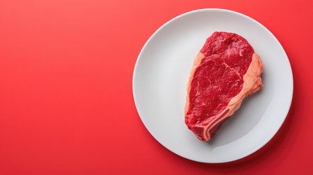 A high-quality image of fresh raw steak placed on a white plate against a bright red background, perfect for food-related projects and culinary presentations.の素材