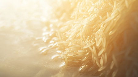 This close-up image showcases raw white rice grains scattered on a light background. Ideal for food-related projects, cooking tips, and nutritional content.の素材