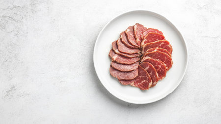 An elegant arrangement of sliced gourmet meat on a white plate, perfect for appetizers, gatherings, or culinary presentations. Fresh and delicious.の素材