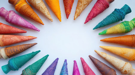 Top view of colorful henna cones arranged in a circle, clean background, copy spaceの素材