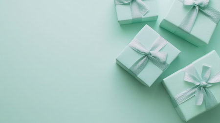 Top view of festive gift boxes with ribbons, clean background, no people, copy spaceの素材