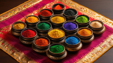 Top view of colorful rangoli powders in small containers, clean background, copy spaceの素材