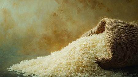 A burlap sack spills white rice against a warm, rustic background. This image captures the essence of natural ingredients in cooking and food preparation.の素材