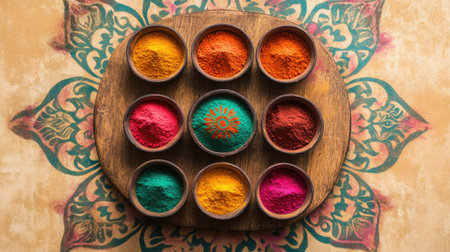 Top view of colorful rangoli powders in small containers, clean background, copy spaceの素材