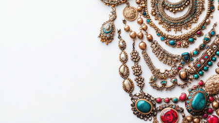 Top view of handmade Indian jewelry, clean white background, no people, copy spaceの素材