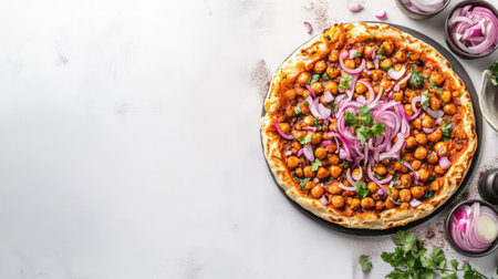 Top view of chole bhature with pickled onions, clean background, no people, copy spaceの素材