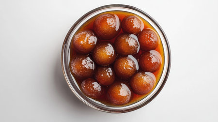 Top view of gulab jamun in a bowl of syrup, clean white background, no people, copy spaceの素材