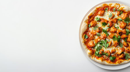 Top view of butter chicken with naan bread, clean white background, no people, copy spaceの素材