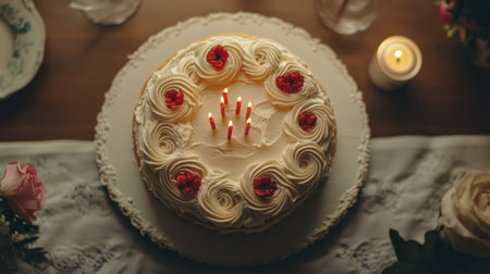 A delightful vanilla cake adorned with creamy frosting and red berries, featuring lit candles. Perfect for any joyful celebration with family and friends.の素材