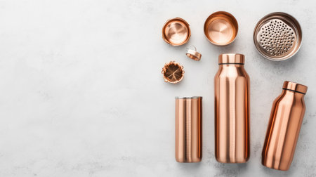 Top view of copper water bottles and tumblers, clean background, no people, copy spaceの素材
