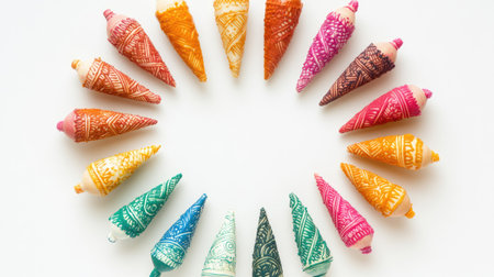 Top view of colorful henna cones arranged in a circle, clean background, copy spaceの素材