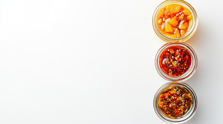 Top view of Indian pickles in glass jars, clean white background, no people, copy spaceの素材