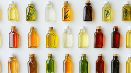 Top view of herbal hair oils and shampoos in bottles, clean background, copy spaceの素材