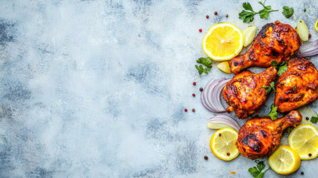 Top view of tandoori chicken with lemon slices and onions, clean background, no people, copy spaceの素材