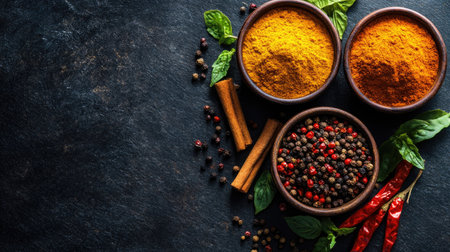 Top view of Indian spices like turmeric, chili powder, and cumin in bowls, clean background, copy spaceの素材