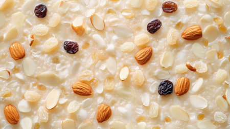 Top view of kheer topped with almonds and raisins, clean background, no people, copy spaceの素材