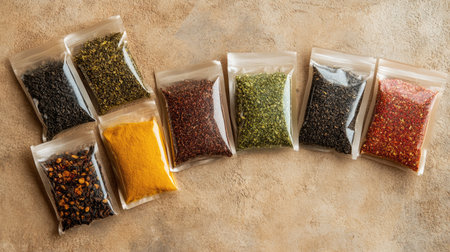 Top view of Indian herbal teas in pouches, clean background, no people, copy spaceの素材