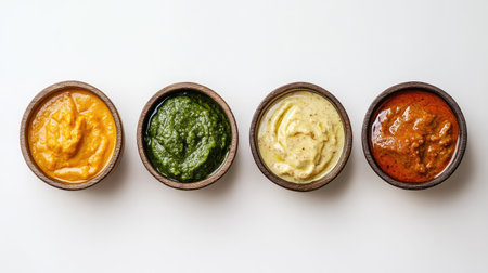 Top view of Indian condiments in small bowls, clean background, no people, copy spaceの素材