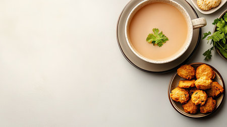 Top view of masala chai with biscuits and a small plate of pakoras, clean background, no people, copy spaceの素材