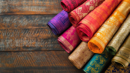 Top view of Indian handloom products like scarves, clean background, no people, copy spaceの素材