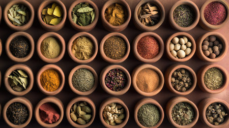 Top view of traditional Indian spices in small clay pots, clean background, copy spaceの素材